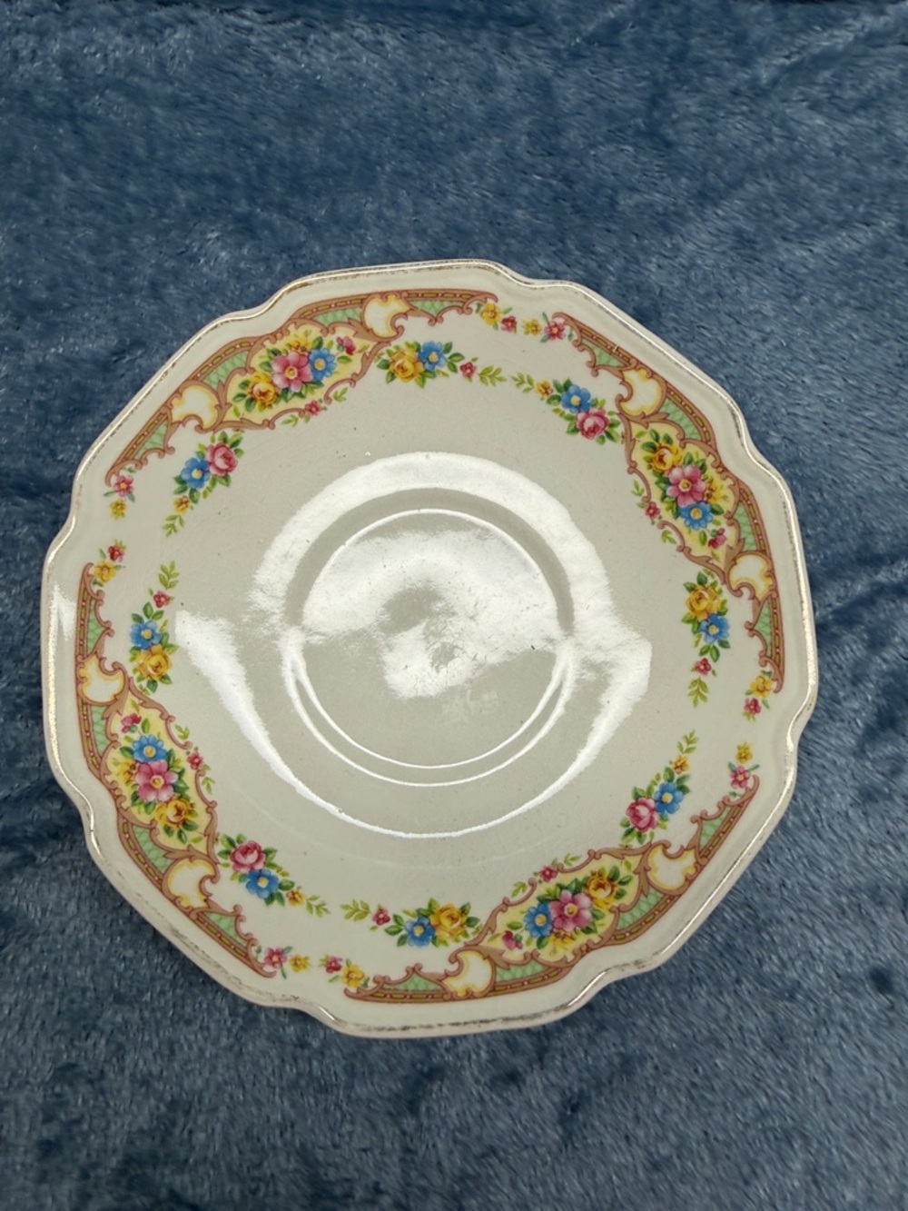 Vintage Cream Saucer with Pink, Blue and Yellow Floral Garland